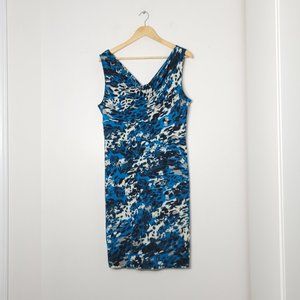 Ann Taylor Sleeveless Midi Dress V Neckline Stretch Leopard Print Blue Womens L